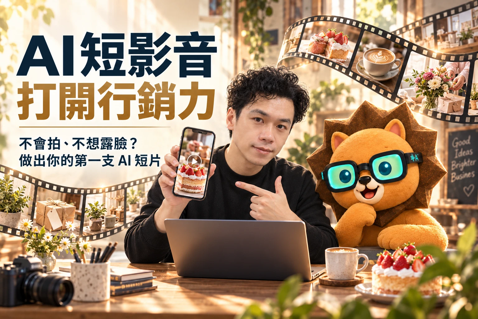 AI短影音 打開行銷力。不會拍、不想露臉？做出你的第一支 AI 短片。嘉吉與 AI大獅展示商品短片，桌邊串起蛋糕、咖啡與花束的影片畫面。