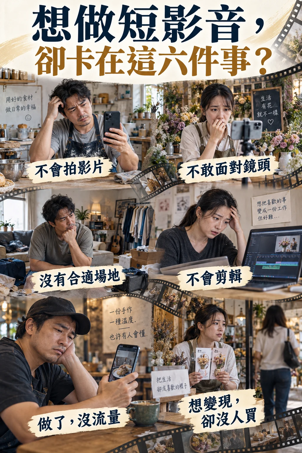 想做短影音，卻卡在這六件事？寫實人物呈現不會拍影片、不敢面對鏡頭、沒有合適場地、不會剪輯、做了沒流量，以及想變現卻沒人買的六種日常困境。