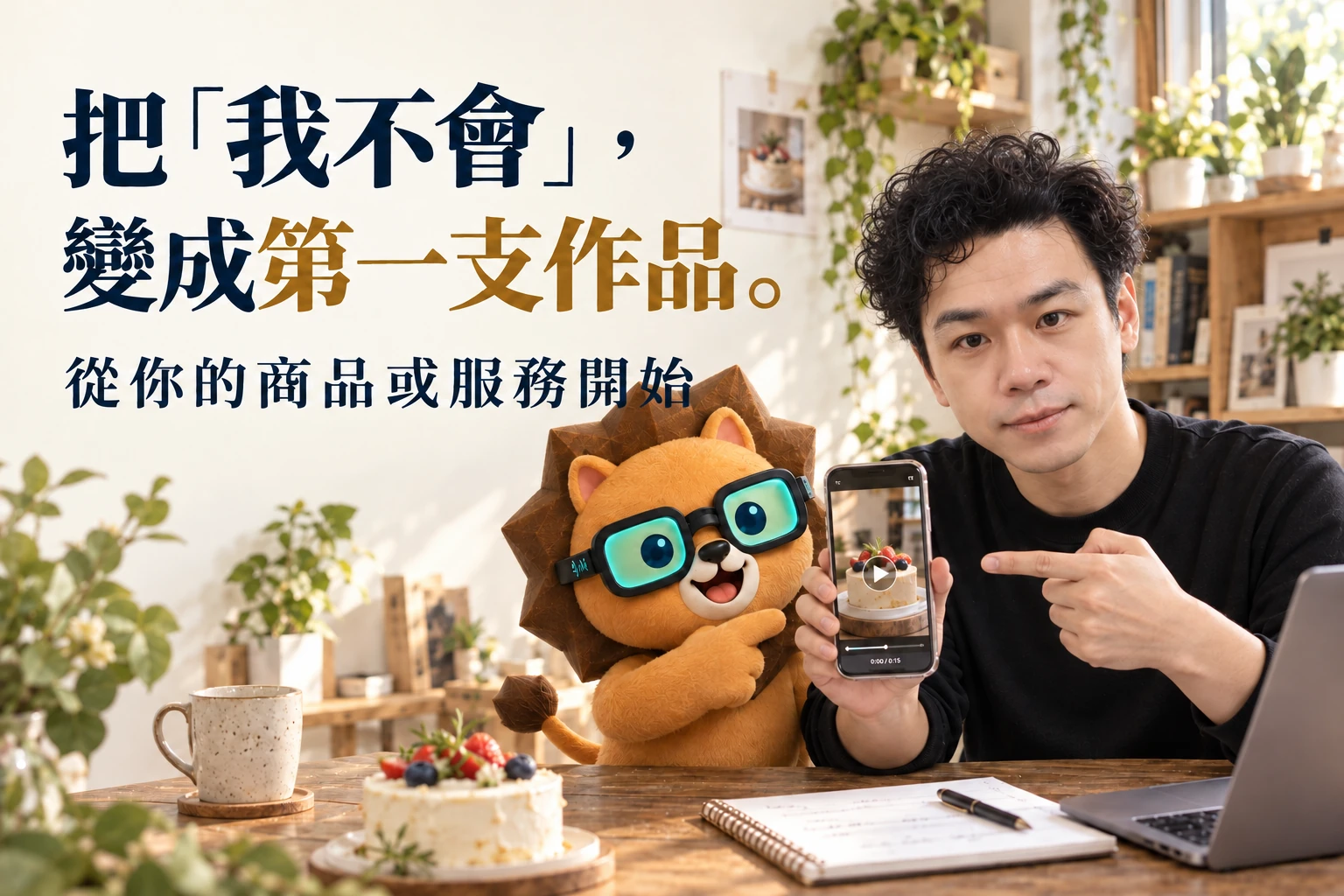 把我不會，變成第一支作品。嘉吉與 AI大獅展示完成的商品影片，陪你從商品或服務開始製作。