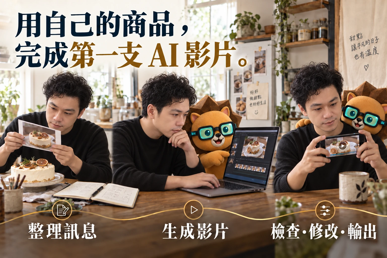 用自己的商品，完成第一支 AI 影片。嘉吉與 AI大獅示範從現成商品照片整理訊息、生成影片，再檢查、修改與輸出。
